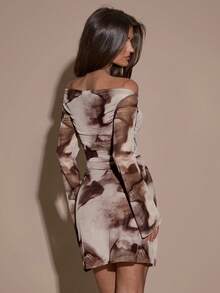 SHEIN BAE Women's Tie-Dye Print Off Shoulder Long Sleeve Ruched Fitted Fashionable Mini Dress - Brown - View 2