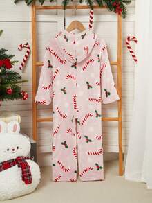 Young Girls Christmas Candy Cane Print Soft Plush Pajamas - Multicolor - View 2