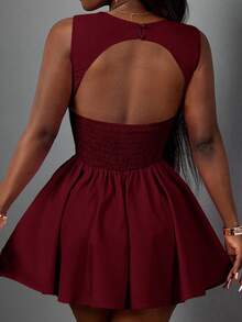 Slaydiva 2025 新款春夏大码女式复古西部/热带/音乐节/俱乐部/公路旅行//休闲/城市休闲/毕业约会/优雅度假/公主风格度假连衣裙，紫红色心形领口拼接甜心领口荷叶边下摆 A 字迷你连衣裙 - 酒紅色 - 查看 2