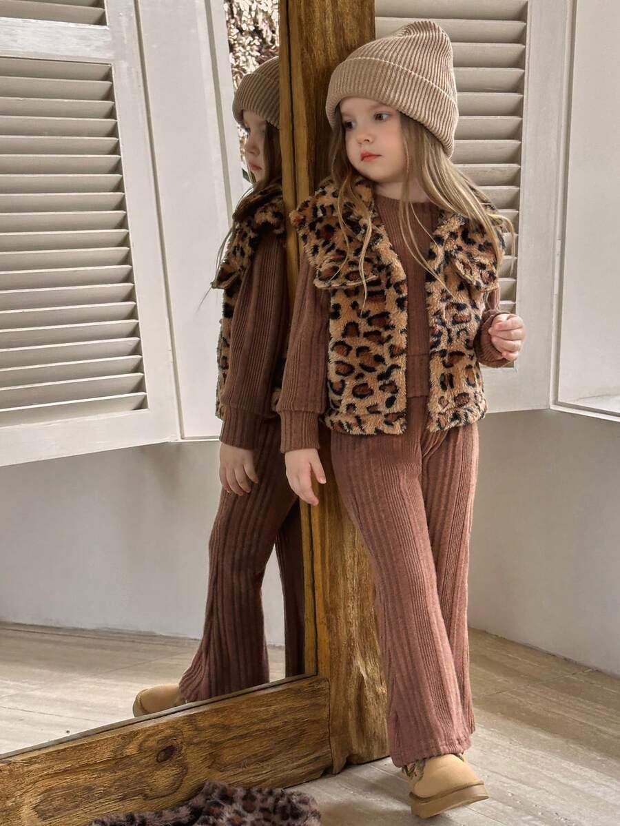 冬季少女可爱复古豹纹仿口袋毛绒外套搭配柔软罗纹喇叭裤套装 - 巧克力棕 - 查看 1