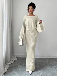 Elenzga Conjunto de 2 piezas de suéter de punto casual y cárdigan con patrón floral calado para mujer, versátil y elegante para salidas, trabajo, escuela y vacaciones - Albaricoque - Ver 6