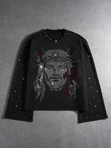 PAVTROS Herren Lässige Mode Street Strass Jesus Kreuz Muster Weite Langarm Loose Schwarzes T-Shirt, Frühling/Herbst
