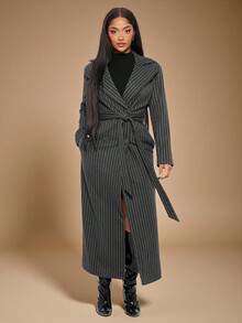 Radiana 灰色条纹羊毛风衣外套，长款羊毛大衣，冬季通勤时尚长款大衣长款细条纹西装外套女款细条纹大衣条纹风衣 - 深灰色 - 查看 5