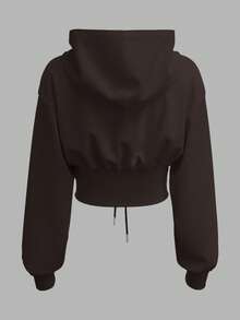 SHEIN EZwear 白色针织女士卫衣，长袖上衣，秋冬季棕色卫衣，棕色短款卫衣，短款卫衣，短款卫衣，深棕色上衣，短款卫衣，女士棕色短款上衣 - 棕色 - 查看 2