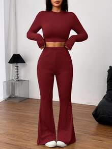 SHEIN EZwear 2 件套女式休闲纯色针织圆领长袖短款修身 T 恤和高腰喇叭裤 - 酒紅色 - 查看 4