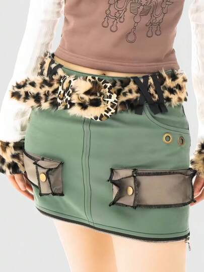 Goth 1pc Khaki Y2K Babe Faux Fur Leopard Texture Belt, Fashion Versatile Minimalist Wild Style Waist Belt For Women, Suitable For Party, Date, Travel, Halloween, Christmas