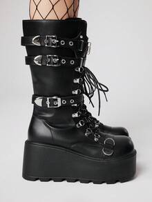 ROMWE Grunge Punk 2025 秋冬新款圆头朋克风格系带厚底靴，皮革鞋面户外时尚中筒靴 - 黑色 - 查看 4