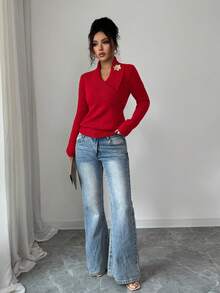 Elenzga Women's Elegant Casual Commuter Fashion Folded Collar Long Sleeve Decorative Button Knit Sweater, Autumn/Winter - Red - View 3