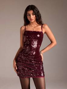 SHEIN Unity 1pc Wine Red Sequin Ruched Bodycon Party Christmas Mini Dress For Women, Suitable For Summer, Autumn & Winter - Burgundy - View 4