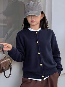 DAZY Tween Girl Round Neck Long Sleeve Button Front Knit Casual Cardigan - Navy Blue - View 1