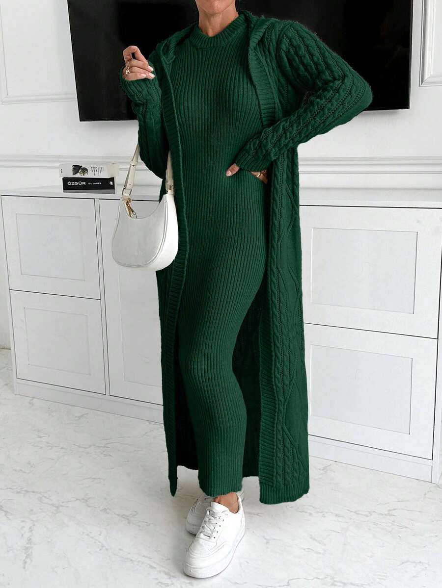 SHEIN Maxi Hoodie Cardigan And Dress Knit Set
