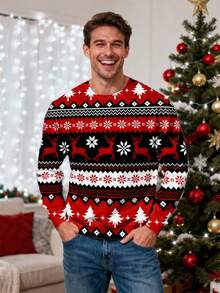 Manfinity Homme 男士圆领套头卫衣，带保暖内衬，圣诞节/秋冬季 - 紅色 - 查看 2