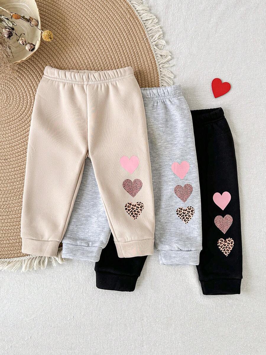 SHEIN Playful Pals 3件套女婴休闲豹纹印花和心形图案松紧腰保暖内衬运动裤 - 彩色 - 查看 1