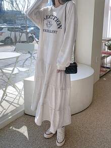 Joudiya 女士字母印花连衣裙，荷叶边，秋季长袖连衣裙，端庄时尚