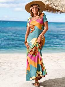 Sylviya Vestido largo casual de mujer con cuello cuadrado y manga corta, vestido bohemio de verano adecuado para salir, elegante y apropiado para vacaciones - Multicolor - Ver 4