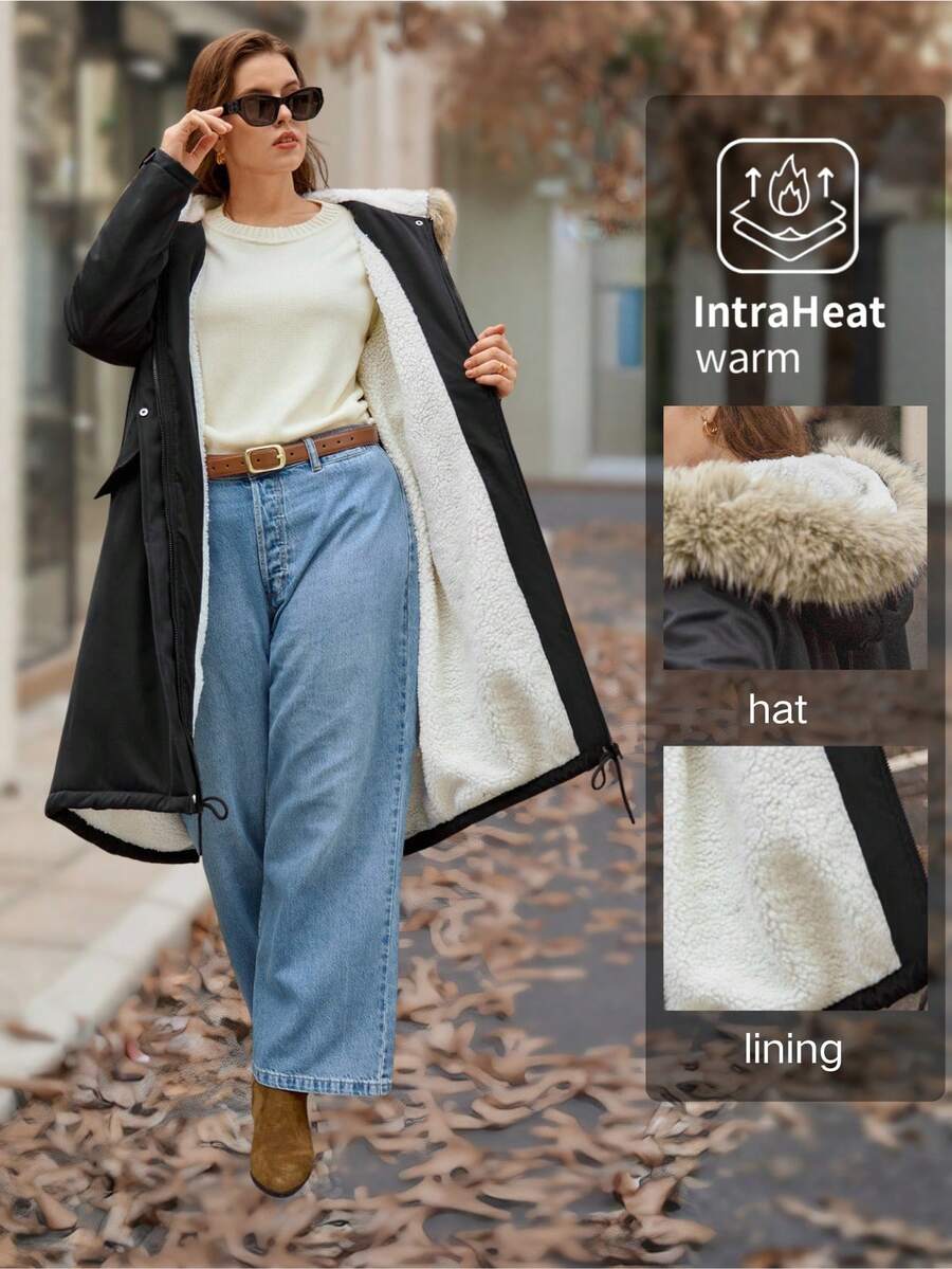 Easura Abrigo largo de invierno para mujer talla grande con mangas largas, capucha y cuello de piel desmontable, y bajo asimétrico