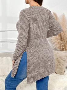 SHEIN Frenchy 大码开叉下摆纯色圆领休闲针织长袖T恤 - 駝色 - 查看 5