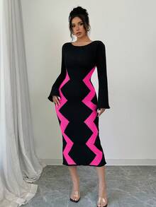 Elenzga Women's Sweater Dress With Flare Sleeves - Rose Red - View 6