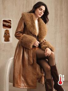 Anewsta Autumn/Winter Coffee Brown Detachable Fox Fur Collar Waist Belt Flared Hem Long Leather Jacket Coat - Brown - View 1