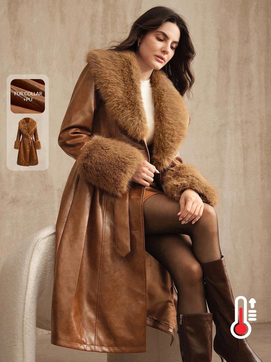 Anewsta Autumn/Winter Coffee Brown Detachable Fox Fur Collar Waist Belt Flared Hem Long Leather Jacket Coat - Brown - View 1