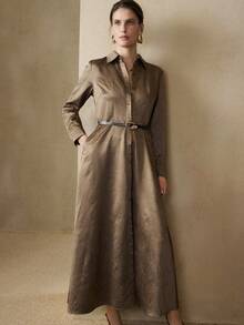 Ciel Poise 新款优雅女装，纯绿色纹理腰部，腰果花印花，金属仿皮黑色长腰带，A 字廓形，长袖，复古经典时尚衬衫裙 - 綠色 - 查看 7