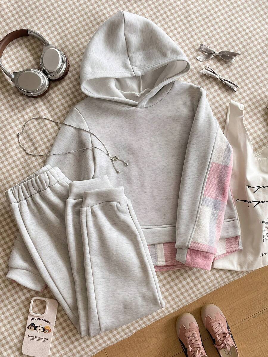 2pcs/Set Casual Plaid Patchwork Sweatshirt For Tween Girls Comfortable & Thick For Outdoor Activities - Light Grey - View 1