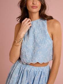 Enchnt 春夏浪漫女士淡蓝色精致花卉刺绣背心和长裙两件套服装，甜美优雅，适合度假、约会、节日、派对、毕业典礼、婚礼嘉宾和海滩，女士夏季服装，女士两件套，夏季服装