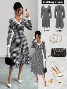 Rafferiza 新款时尚法式复古黑白格子针织弹力舒适V领长袖收腰女式连衣裙，秋冬 - 黑色 - 查看 1