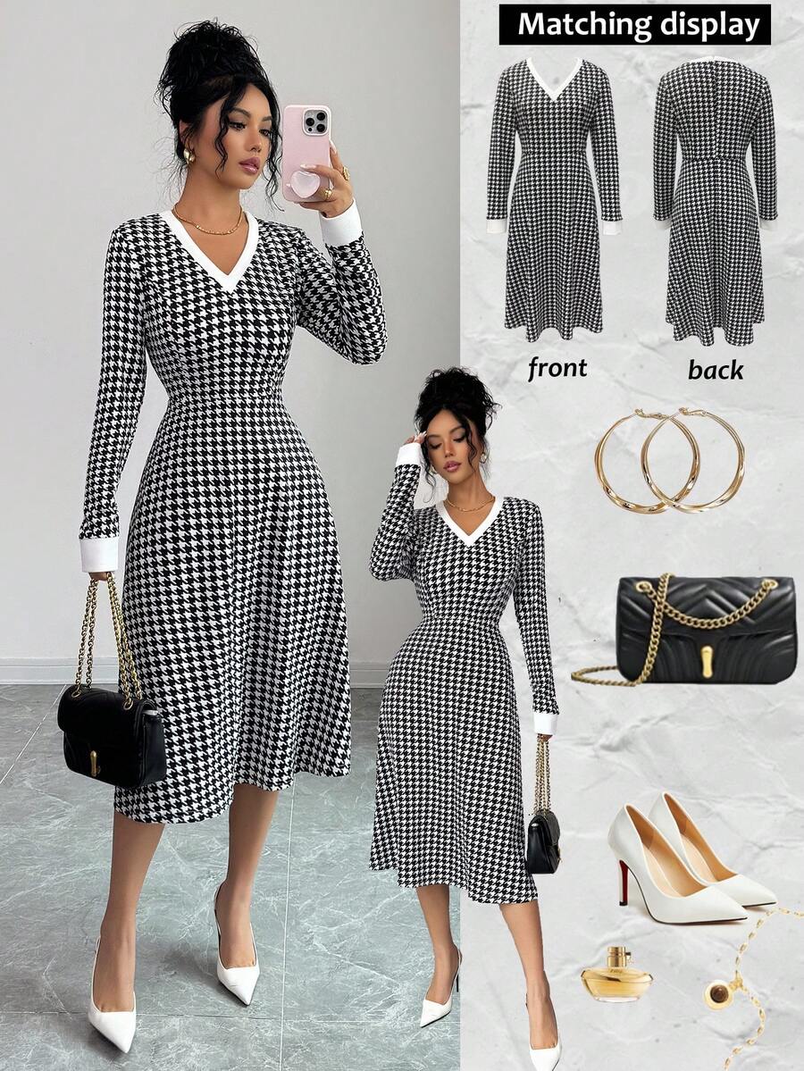 Rafferiza 新款时尚法式复古黑白格子针织弹力舒适V领长袖收腰女式连衣裙，秋冬 - 黑色 - 查看 1