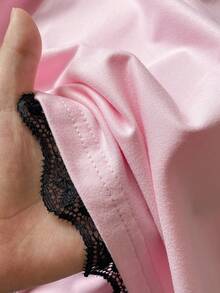 1pc Teen Girl Sweet & American Style Fitted Patchwork Contrast Color Floral Print T-Shirt With Lace Trim, Summer - Pink - View 5