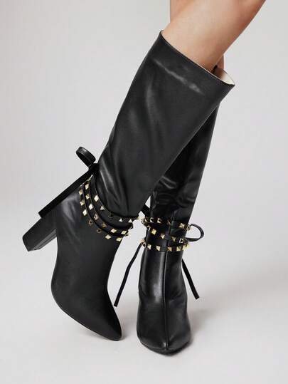 Grunge Punk Women's High Heel Boots, Elegant Pointed Toe Fashion PU Thick Heel Ankle Boots, Versatile For Autumn/Winter