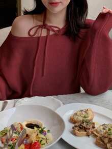 DAZY 秋冬百搭圆领挂脖系带设计宽松女士长袖毛衣 - 酒紅色 - 查看 5