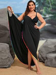 Swim Lushoire Summer Beach Plus Pom Pom Trim Wrap Hem Cami Cover Up Dress - Black - View 1