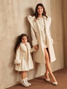 SHEIN 女童白色长款外套，珍珠纽扣 V 领，优雅秋冬外套，家庭装搭配 - 白色 - 查看 8