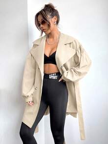 SHEIN EZwear Plain Lapel Collar Embroidery Button Front Pocket Minimalist Trench Coat, Casual Daily Wear In Fall/Winter - Khaki - View 3