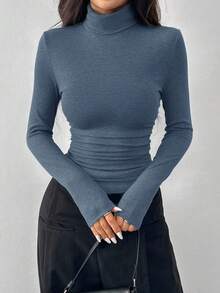 SHEIN EZwear 女式休闲日常通勤简约纯色高领长袖紧身T恤，秋冬 - 霧霾藍 - 查看 4