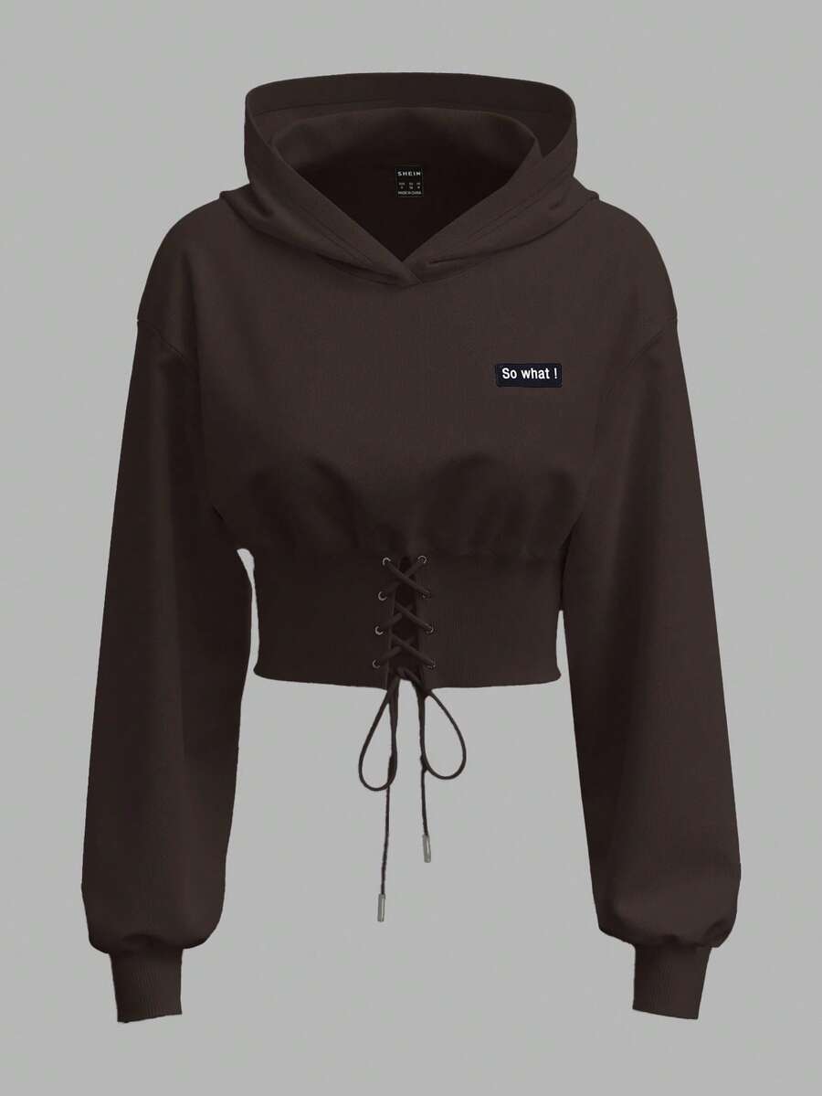 SHEIN EZwear 白色针织女士卫衣,长袖上衣,秋冬季棕色卫衣,棕色短款卫衣,短款卫衣,短款卫衣,深棕色上衣,短款卫衣,女士棕色短款上衣 - 棕色 - 查看 1