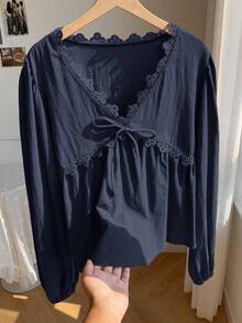 SHEIN Comfortcana 女式秋季简约纯色撞色蕾丝前领带衬衫 - 藏蓝色 - 查看 7