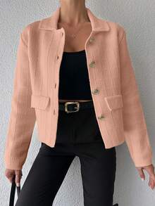 SHEIN Cottnline Women's Solid Color Front Button Faux Pocket Casual Blouse - Coral Pink - View 5