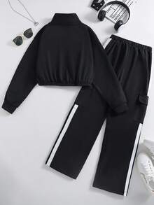 SHEIN 青少年女孩长袖圆领拉链运动衫，配有抽绳腰部口袋裤子两件套，适合日常休闲穿着，秋冬季 - 黑色 - 查看 2