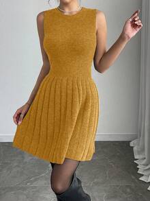 Elenzga 2pcs Women's Autumn Simple Solid Color Button Front Cardigan And Sweater Dress Set - Yellow - View 3