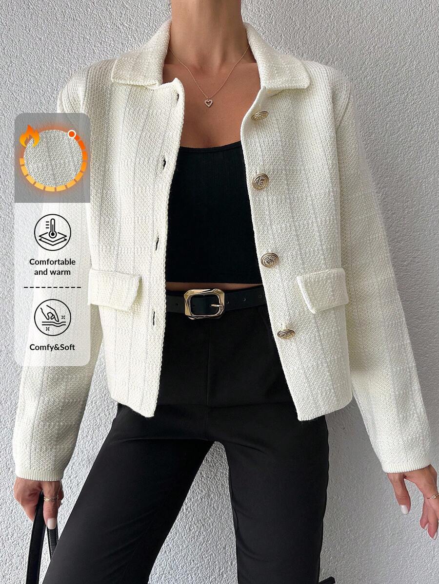 EURMUSE Flap Detail Button Front Cardigan - Beige - View 1