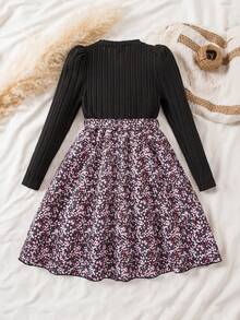 SHEIN 1 Stück Mädchen Rundhals Langarm Geripptes Strick Patchwork Kleid mit Blumen Saum, süß & damenhaft, Herbst