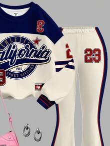 SHEIN Leap Crew 复古美式学院风运动套装，数字23印花，青少年女孩休闲宽松圆领长袖卫衣和喇叭裤两件套，返校季，2000年代风格，Y2K，韩版风格，秋季服装，返校节 - 彩色 - 查看 5