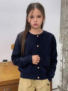 DAZY Tween Girl Round Neck Long Sleeve Button Front Knit Casual Cardigan - Navy Blue - View 4