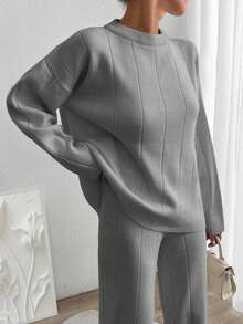 EURMUSE Women Solid Color Rib Knit Sweater & Sweater Pants Set - Grey - View 2