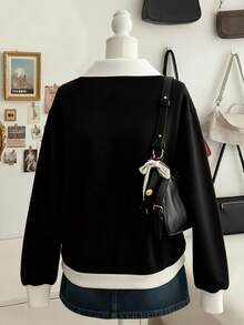 Lalippa Women's Casual Contrast Trim Zipper Half-Zip Raglan Sweatshirt, Autumn - Black - View 2