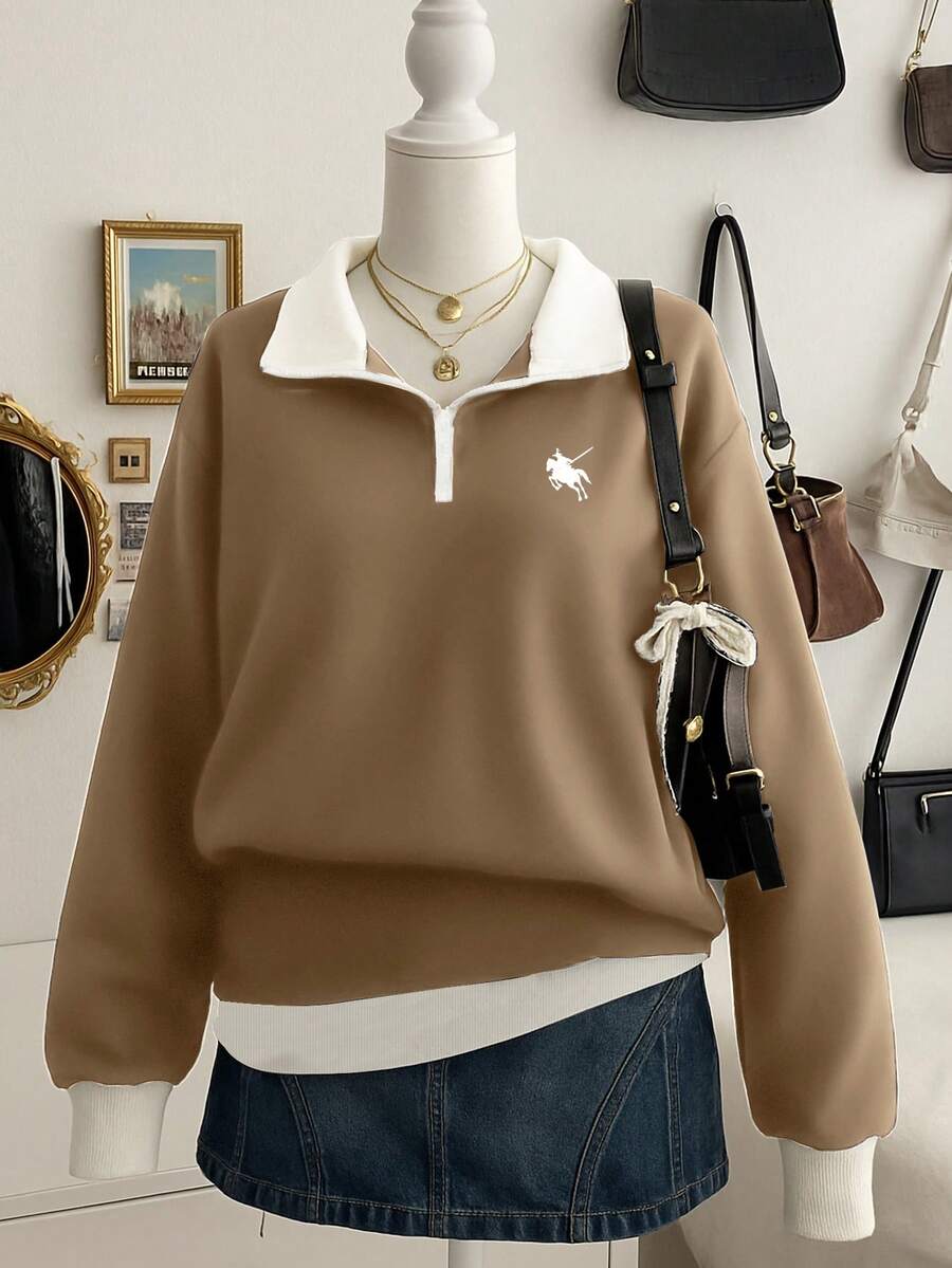 Lalippa Áo nỉ Raglan khóa kéo nửa cổ viền tương phản thường ngày dành cho nữ, mùa thu - Màu Khaki - Xem 1