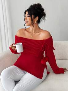 Elenzga Women's Elegant Fashion Off-Shoulder Bow Tie Slit Side Long Sleeve Plus Size Sweater Pullover, Suitable For Date Night, Christmas, Wedding Guest - Red - View 6