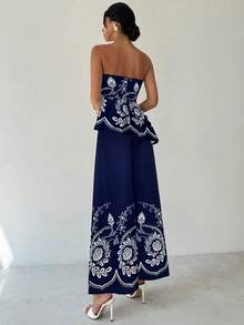 Firerie Bộ 2 món áo ống viền bất đối xứng và quần ống rộng cạp cao thanh lịch, lãng mạn, giản dị, dành cho nữ, mùa hè - Màu xanh hải quân - Xem 2